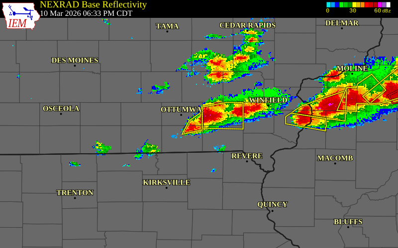 NEXRAD radar during the Tuesday, March 10, 2026 storm activity in Wapello County, Iowa