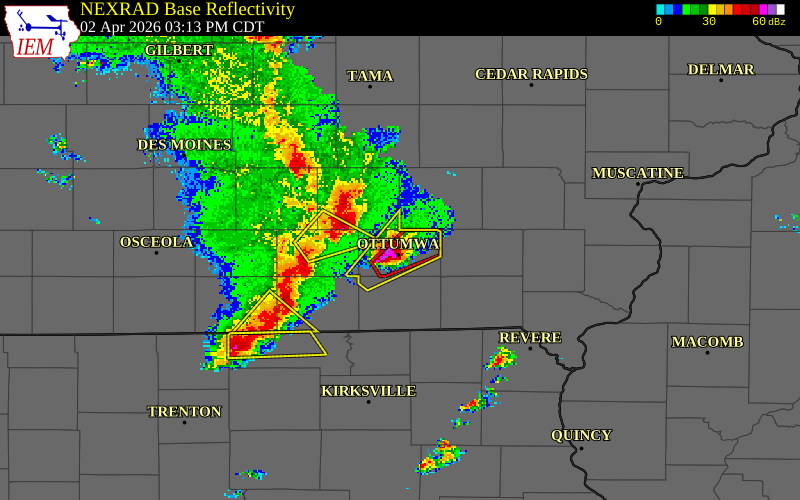NEXRAD radar during the Thursday, April 2, 2026 storm activity in Wapello County, Iowa