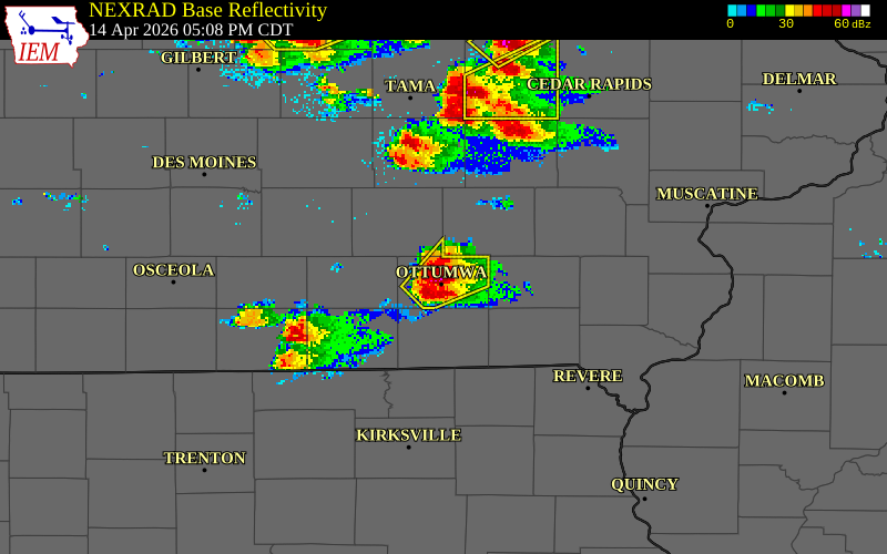 NEXRAD radar during the Tuesday, April 14, 2026 storm activity in Wapello County, Iowa