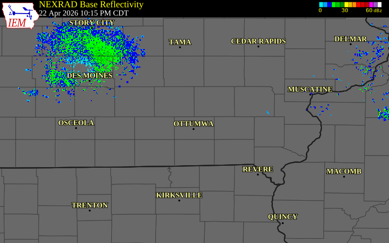 NEXRAD radar during the Wednesday, April 22, 2026 storm activity in Wapello County, Iowa