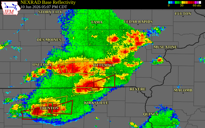 NEXRAD radar during the Wednesday, June 10, 2026 storm activity in Wapello County, Iowa