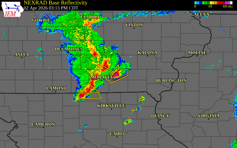 Radar snapshot during the Apr 2, 2026 hail event near 2 NNE Ottumwa, Wapello County, Iowa, with NWS warning polygons