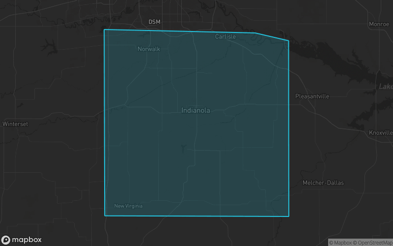Map of Warren County, Iowa showing the county boundary and surrounding cities