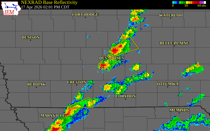 NEXRAD radar during the Friday, April 17, 2026 storm activity in Warren County, Iowa