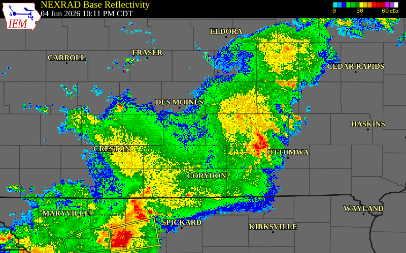 NEXRAD radar during the Thursday, June 4, 2026 storm activity in Warren County, Iowa