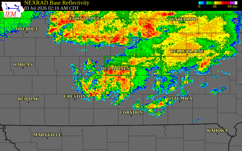 NEXRAD radar during the Friday, July 3, 2026 storm activity in Warren County, Iowa