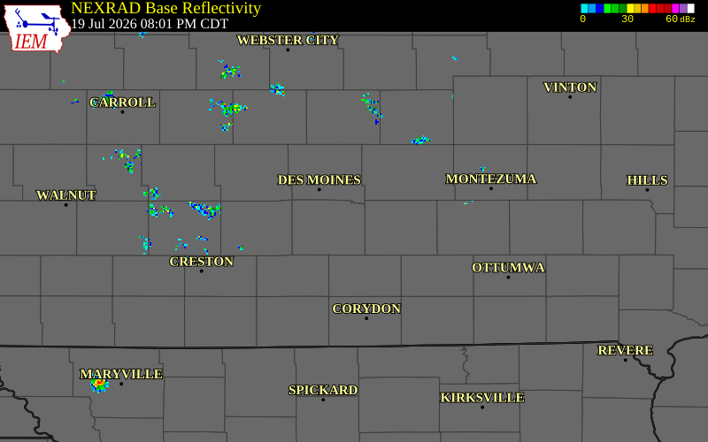 NEXRAD radar during the Sunday, July 19, 2026 storm activity in Warren County, Iowa