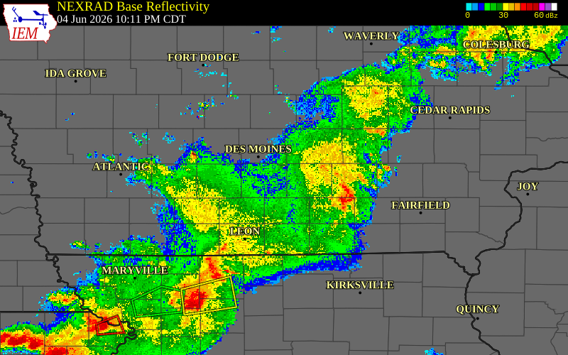 Radar snapshot during the Jun 4, 2026 wind event near 2 E Sandyville, Warren County, Iowa, with NWS warning polygons