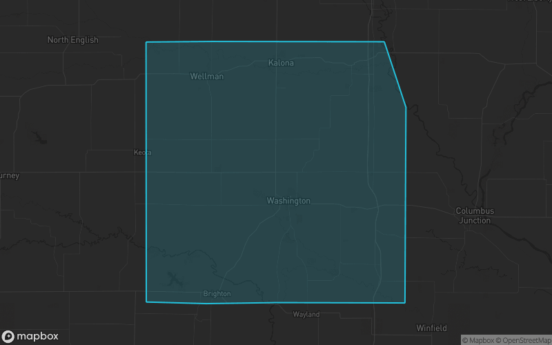 Map of Washington County, Iowa showing the county boundary and surrounding cities