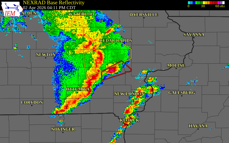 NEXRAD radar during the Thursday, April 2, 2026 storm activity in Washington County, Iowa