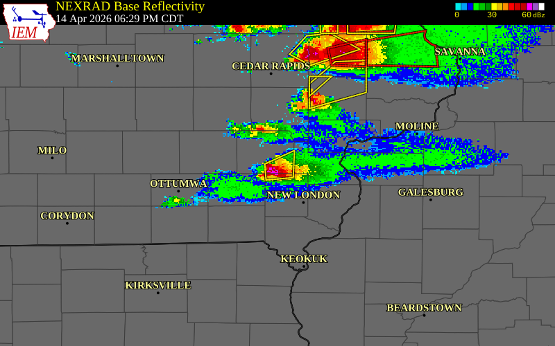 NEXRAD radar during the Tuesday, April 14, 2026 storm activity in Washington County, Iowa