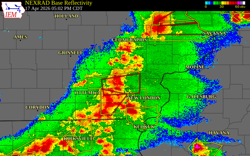 NEXRAD radar during the Friday, April 17, 2026 storm activity in Washington County, Iowa