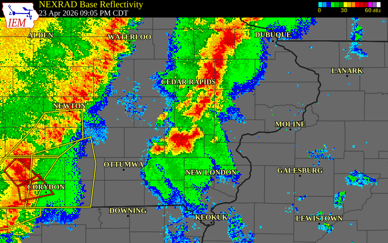 NEXRAD radar during the Thursday, April 23, 2026 storm activity in Washington County, Iowa