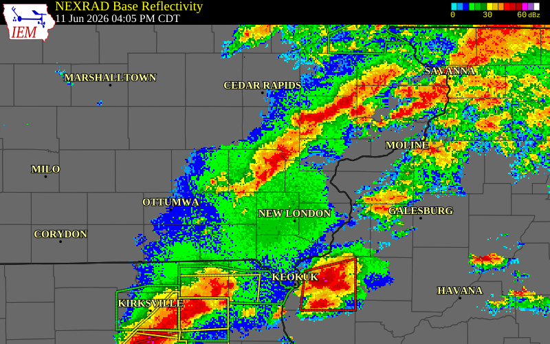 NEXRAD radar during the Thursday, June 11, 2026 storm activity in Washington County, Iowa