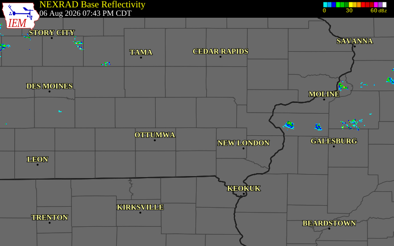 NEXRAD radar during the Thursday, August 6, 2026 storm activity in Washington County, Iowa