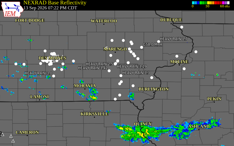 Current NEXRAD radar over Washington County, Iowa with recent storm report locations