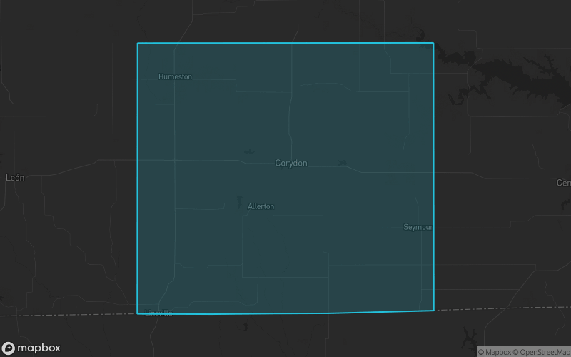 Map of Wayne County, Iowa showing the county boundary and surrounding cities