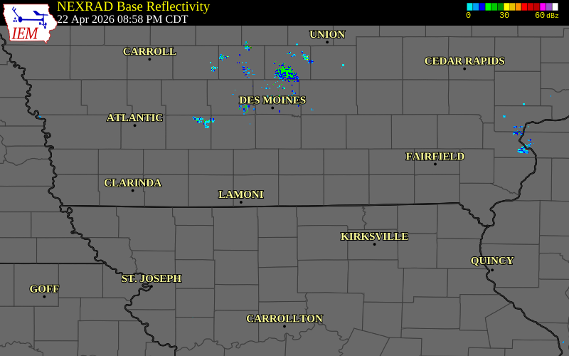 Radar snapshot during the Apr 22, 2026 wind event near 1 N Humeston, Wayne County, Iowa, with NWS warning polygons