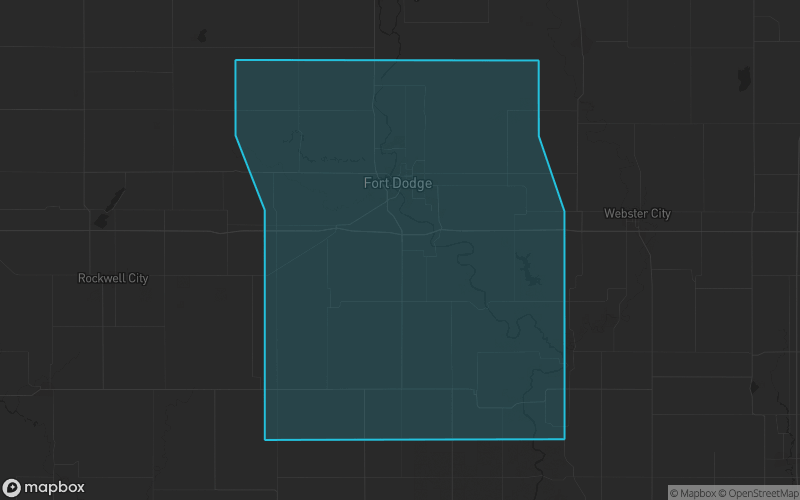 Map of Webster County, Iowa showing the county boundary and surrounding cities