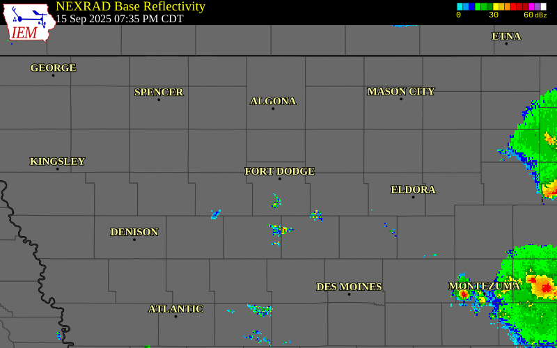 NEXRAD radar during the Monday, September 15, 2025 storm activity in Webster County, Iowa
