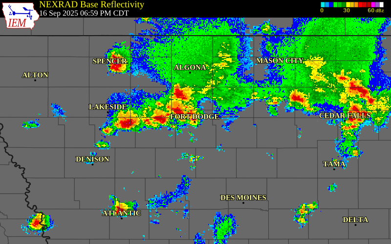 NEXRAD radar during the Tuesday, September 16, 2025 storm activity in Webster County, Iowa