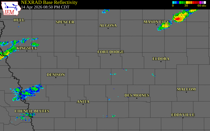 NEXRAD radar during the Tuesday, April 14, 2026 storm activity in Webster County, Iowa