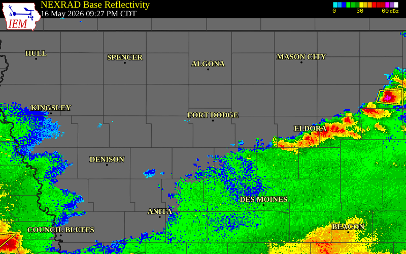 NEXRAD radar during the Saturday, May 16, 2026 storm activity in Webster County, Iowa