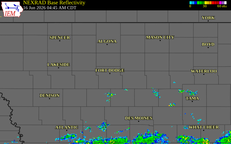 NEXRAD radar during the Tuesday, June 16, 2026 storm activity in Webster County, Iowa