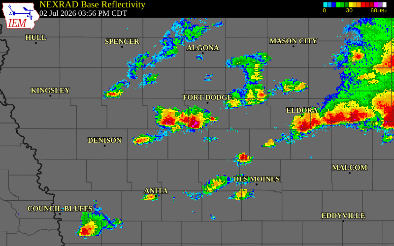 NEXRAD radar during the Thursday, July 2, 2026 storm activity in Webster County, Iowa