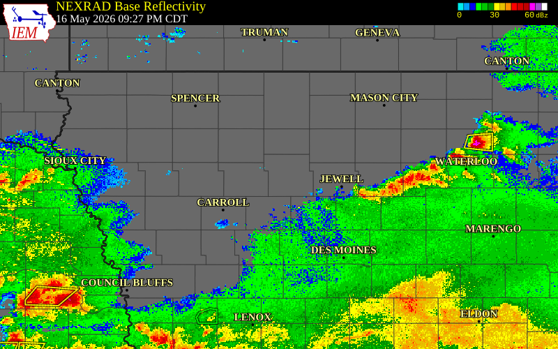 Radar snapshot during the May 16, 2026 tornado event near Moorland, Webster County, Iowa, with NWS warning polygons