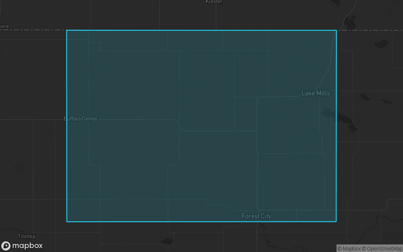 Map of Winnebago County, Iowa showing the county boundary and surrounding cities