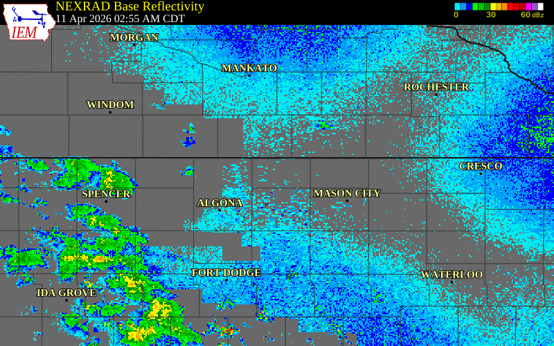 NEXRAD radar during the Saturday, April 11, 2026 storm activity in Winnebago County, Iowa