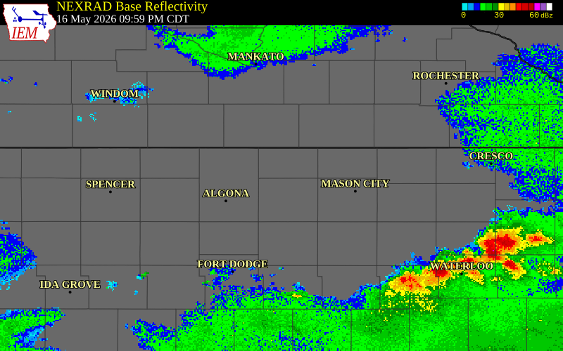 NEXRAD radar during the Saturday, May 16, 2026 storm activity in Winnebago County, Iowa