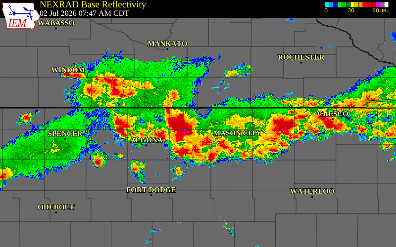 NEXRAD radar during the Thursday, July 2, 2026 storm activity in Winnebago County, Iowa