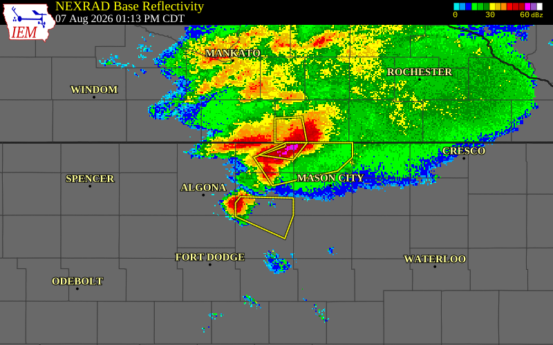 NEXRAD radar during the Friday, August 7, 2026 storm activity in Winnebago County, Iowa