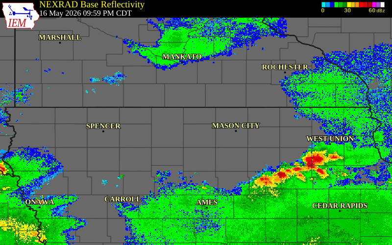 Radar snapshot during the May 16, 2026 tornado event near 4 N Crystal Lake, Winnebago County, Iowa, with NWS warning polygons
