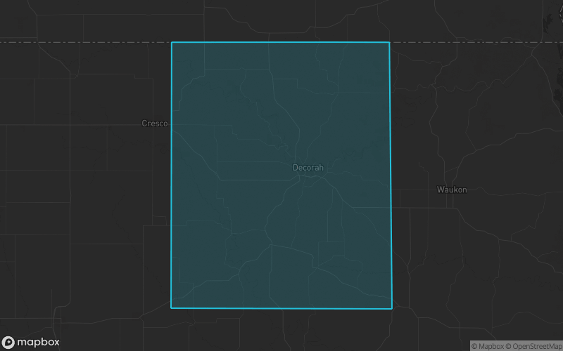 Map of Winneshiek County, Iowa showing the county boundary and surrounding cities