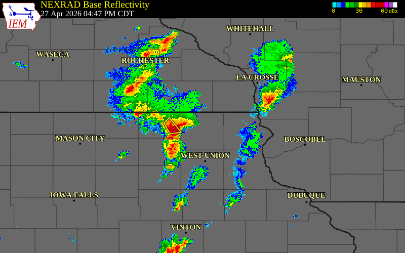 NEXRAD radar during the Monday, April 27, 2026 storm activity in Winneshiek County, Iowa