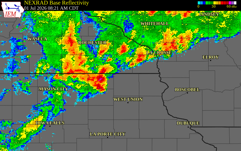 NEXRAD radar during the Wednesday, July 1, 2026 storm activity in Winneshiek County, Iowa