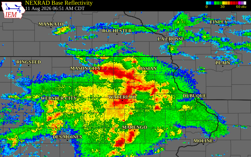 Radar snapshot during the Aug 11, 2026 wind event near Winneshiek County, Winneshiek County, Iowa, with NWS warning polygons