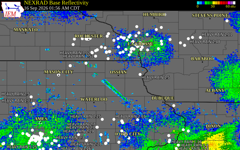 Current NEXRAD radar over Winneshiek County, Iowa with recent storm report locations