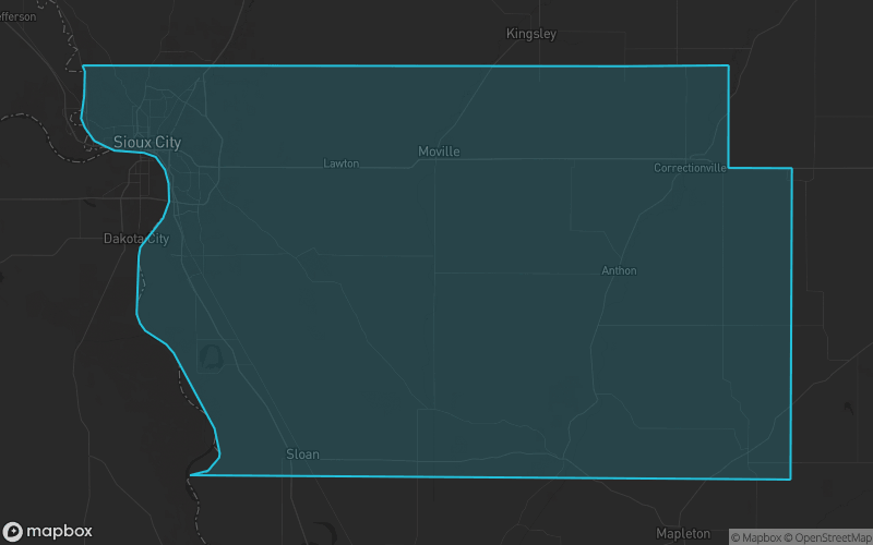 Map of Woodbury County, Iowa showing the county boundary and surrounding cities