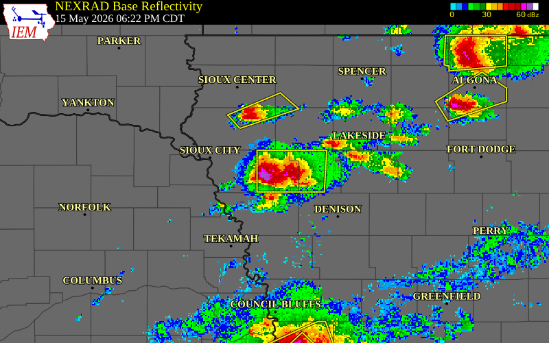 NEXRAD radar during the Friday, May 15, 2026 storm activity in Woodbury County, Iowa