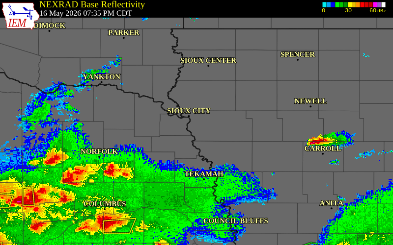 NEXRAD radar during the Saturday, May 16, 2026 storm activity in Woodbury County, Iowa