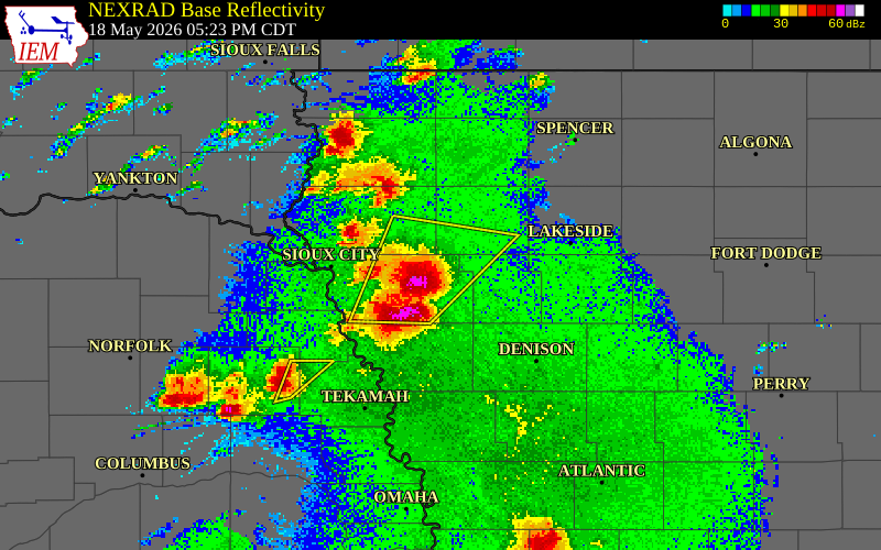 NEXRAD radar during the Monday, May 18, 2026 storm activity in Woodbury County, Iowa