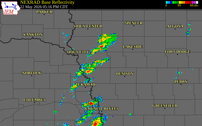 NEXRAD radar during the Friday, May 22, 2026 storm activity in Woodbury County, Iowa