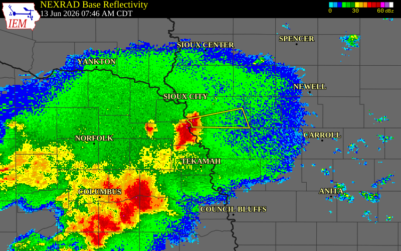 NEXRAD radar during the Saturday, June 13, 2026 storm activity in Woodbury County, Iowa