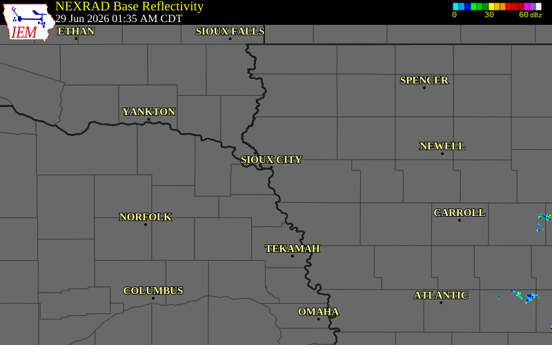 NEXRAD radar during the Monday, June 29, 2026 storm activity in Woodbury County, Iowa