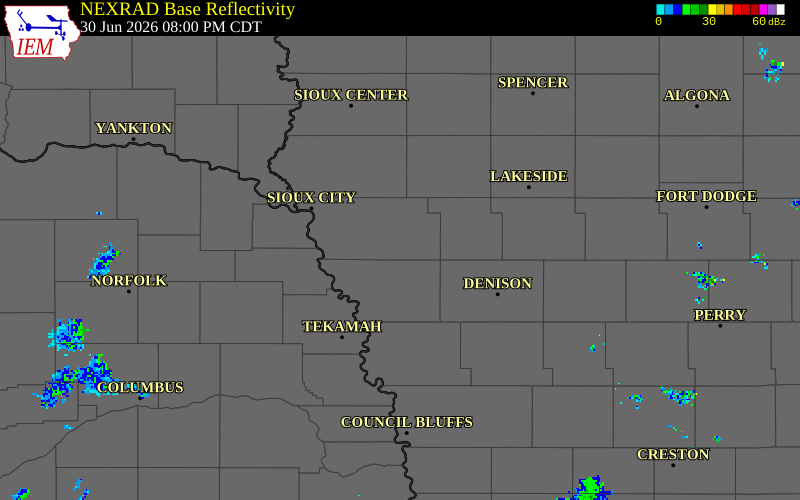 NEXRAD radar during the Tuesday, June 30, 2026 storm activity in Woodbury County, Iowa