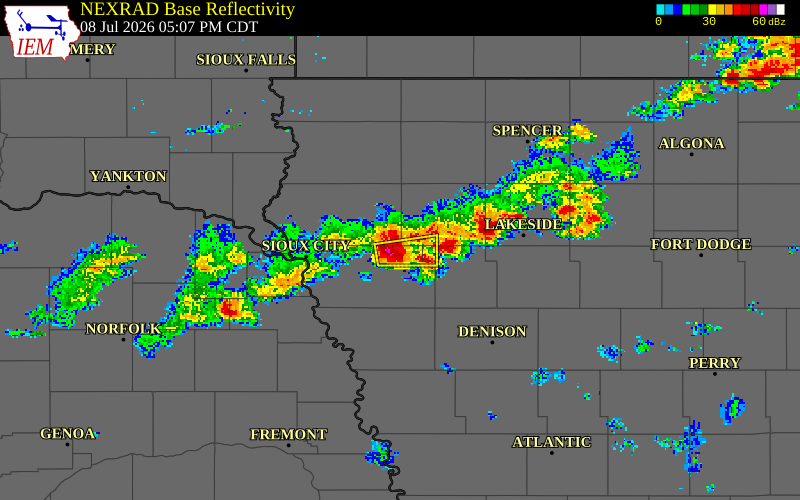 NEXRAD radar during the Wednesday, July 8, 2026 storm activity in Woodbury County, Iowa